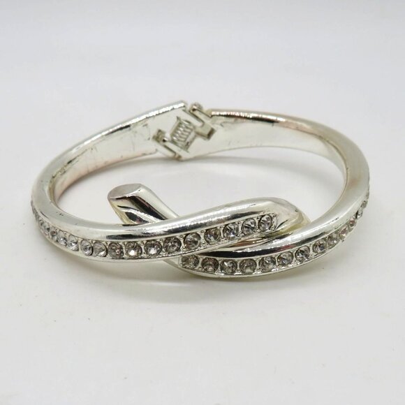 Foldover Bracelet Silver Tone Rhinestone Knot Bangle Hinged Closure - Picture 9 of 13